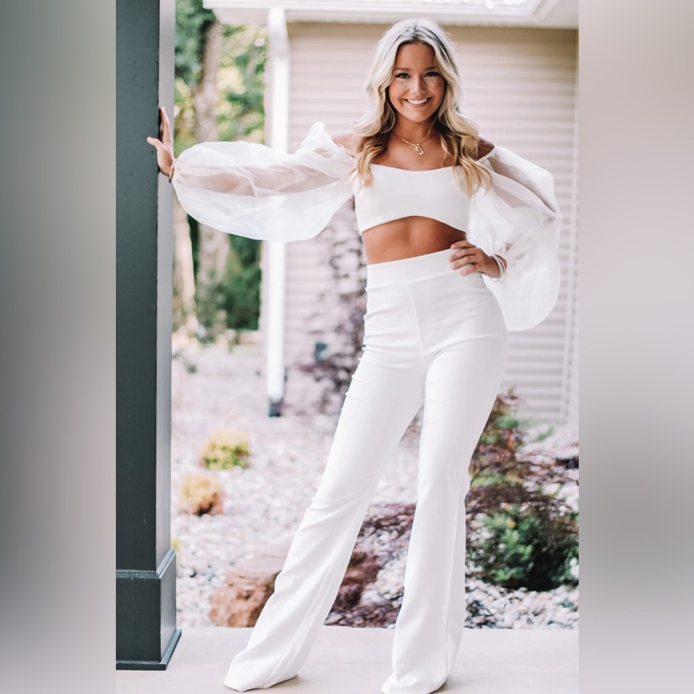 White Two-Piece Sheer Sleeve Crop Top and High-Waist Pants Set